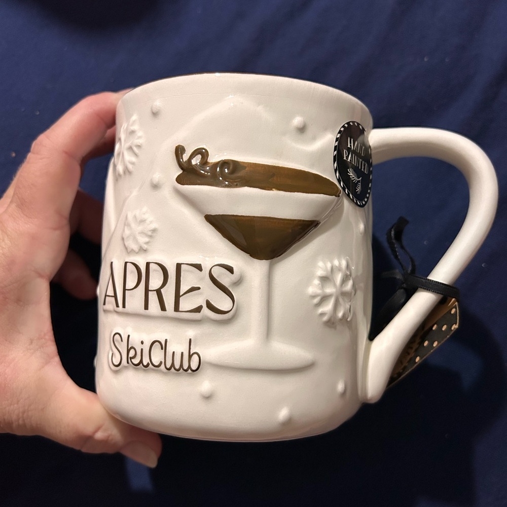 Apres SkiClub White Ceramic Mug with Brown Hand Painted Accents Coffee Cup Tea